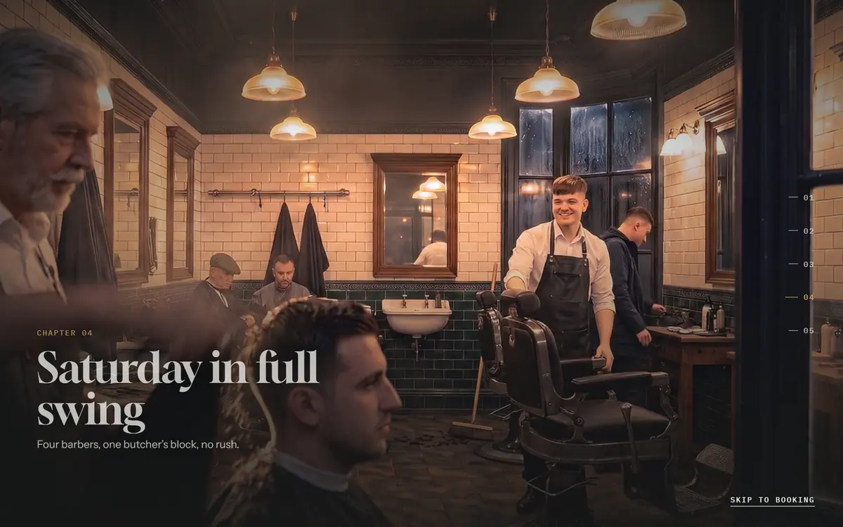 The homepage film inside the shop: barbers at work under pendant lamps with the caption Saturday in full swing