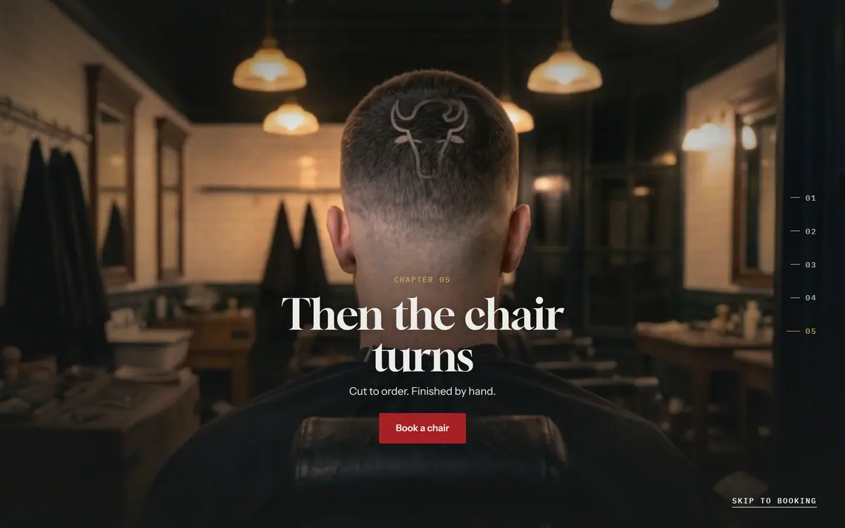 The end of the homepage film: a customer seen from behind with the bull shaved into the back of his head, and the caption Then the chair turns