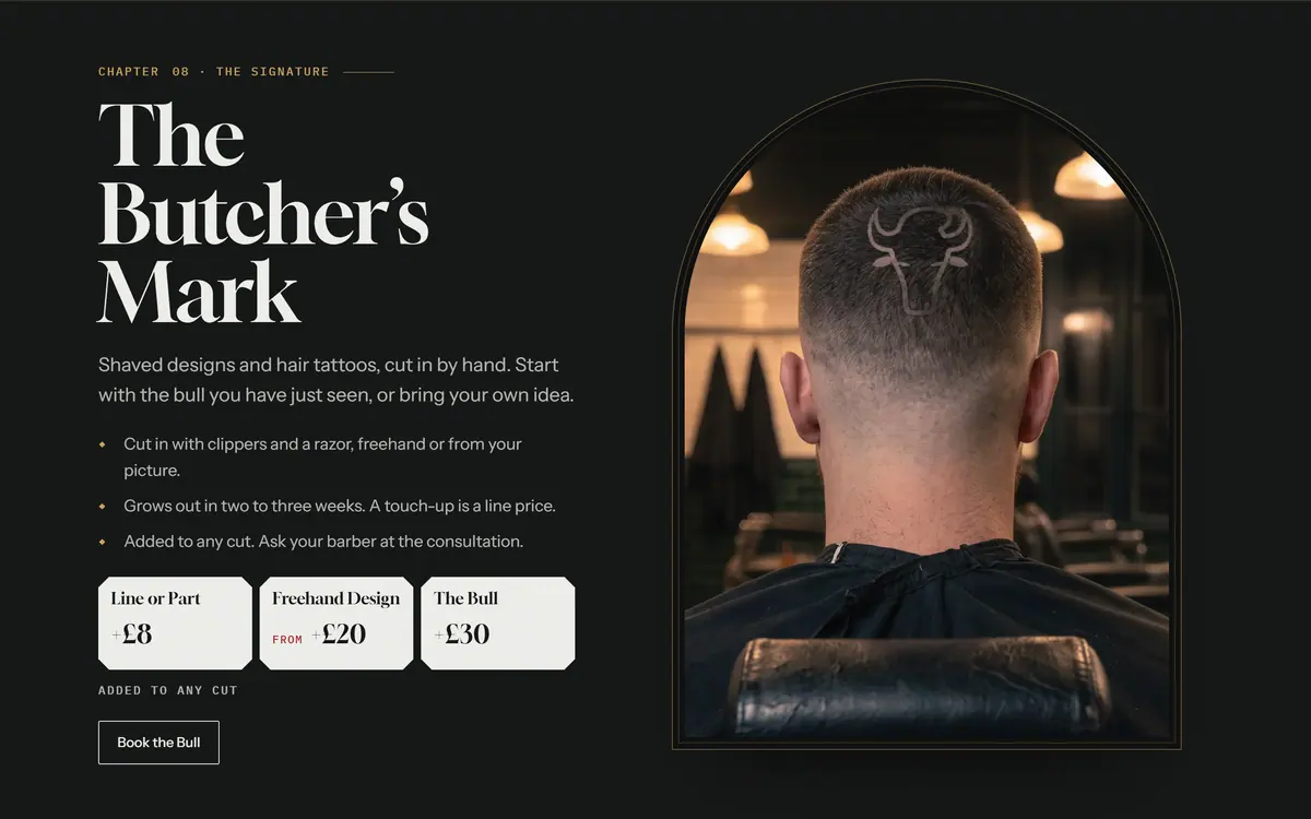The Butcher’s Mark section: a customer’s head with the bull shaved in, inside an arched frame, and price cards for a line or part, a freehand design and the bull