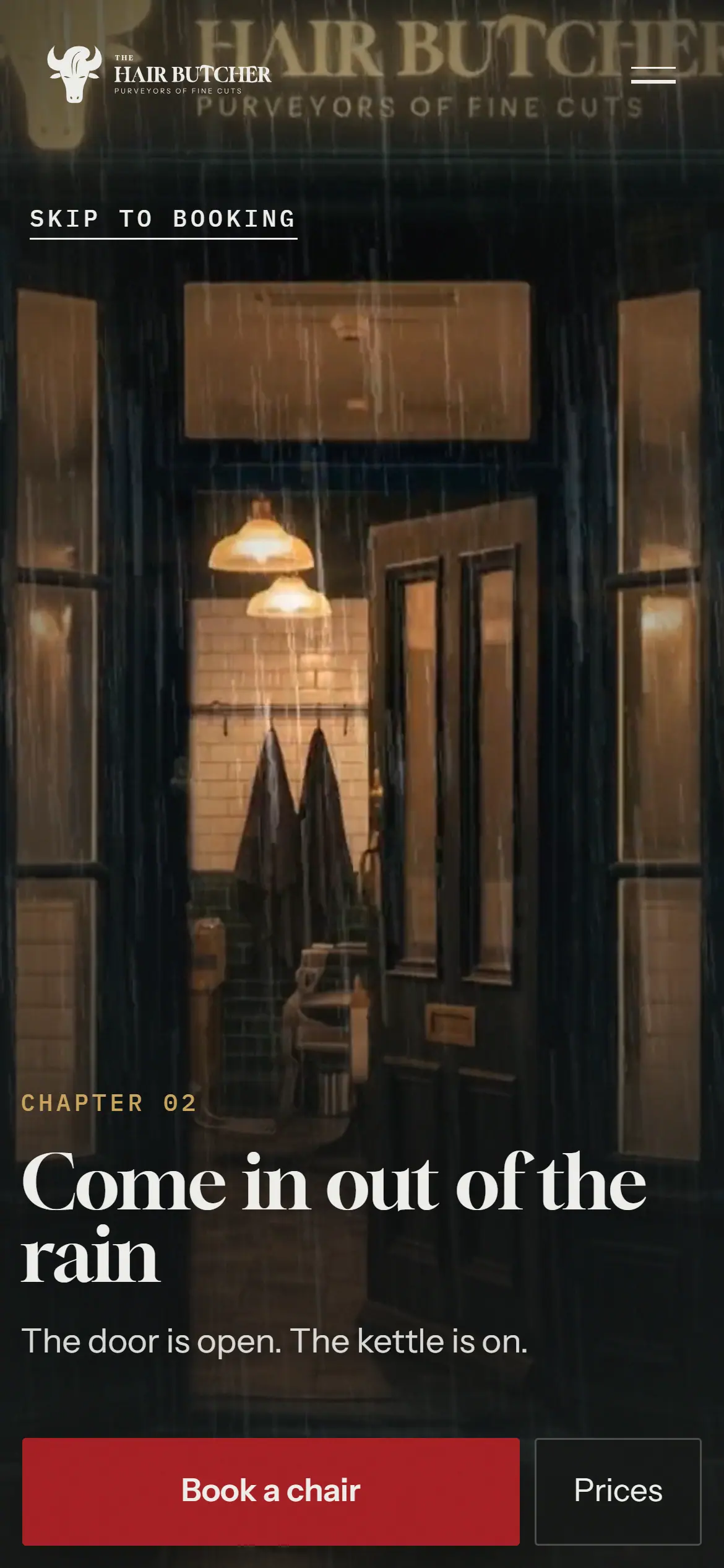 The phone film at the shop door with the caption Come in out of the rain and a Book a chair bar along the bottom