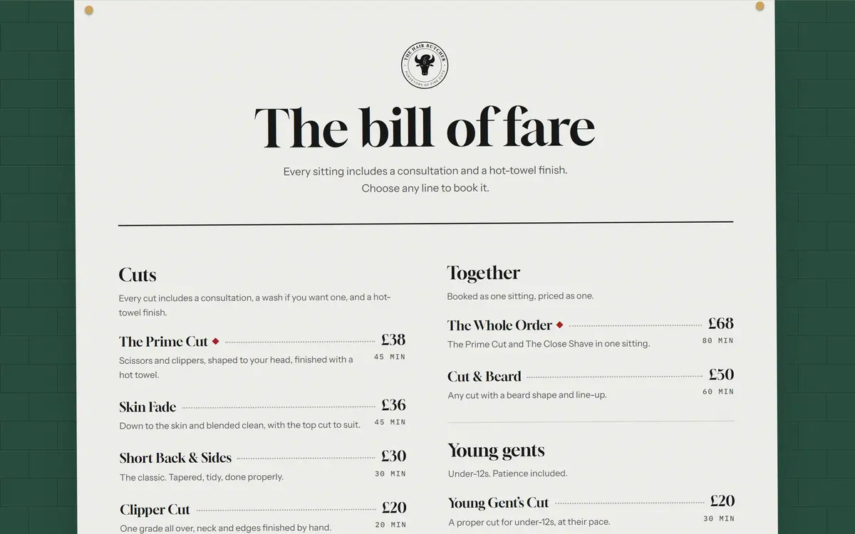 The bill of fare: a cream menu card on green tiles with cuts and combined sittings, each with a price and a time