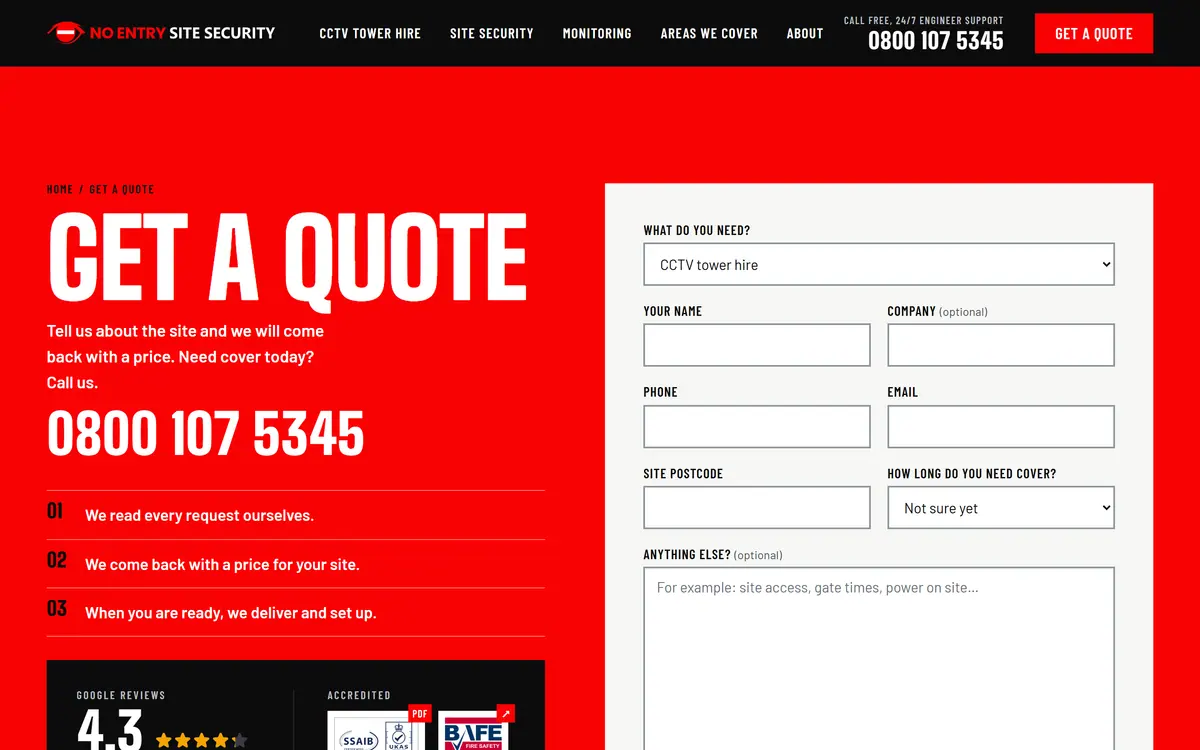 The quote form on the No Entry website