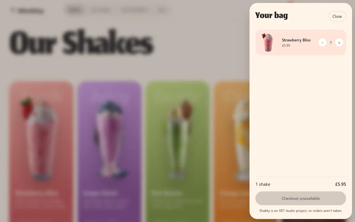 The Shakky bag panel open over the menu, holding one Strawberry Bliss with quantity buttons, a Checkout unavailable button and a note that orders aren’t taken
