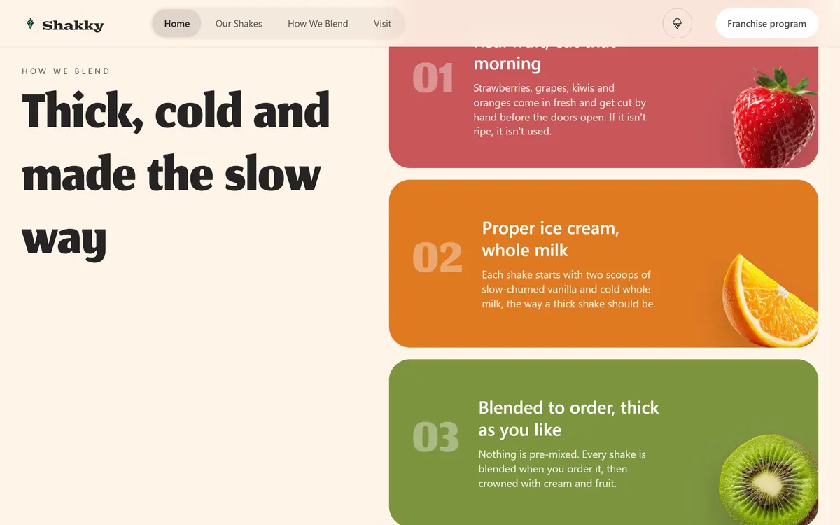 The How we blend section: the heading Thick, cold and made the slow way beside three numbered cards with strawberry, orange and kiwi