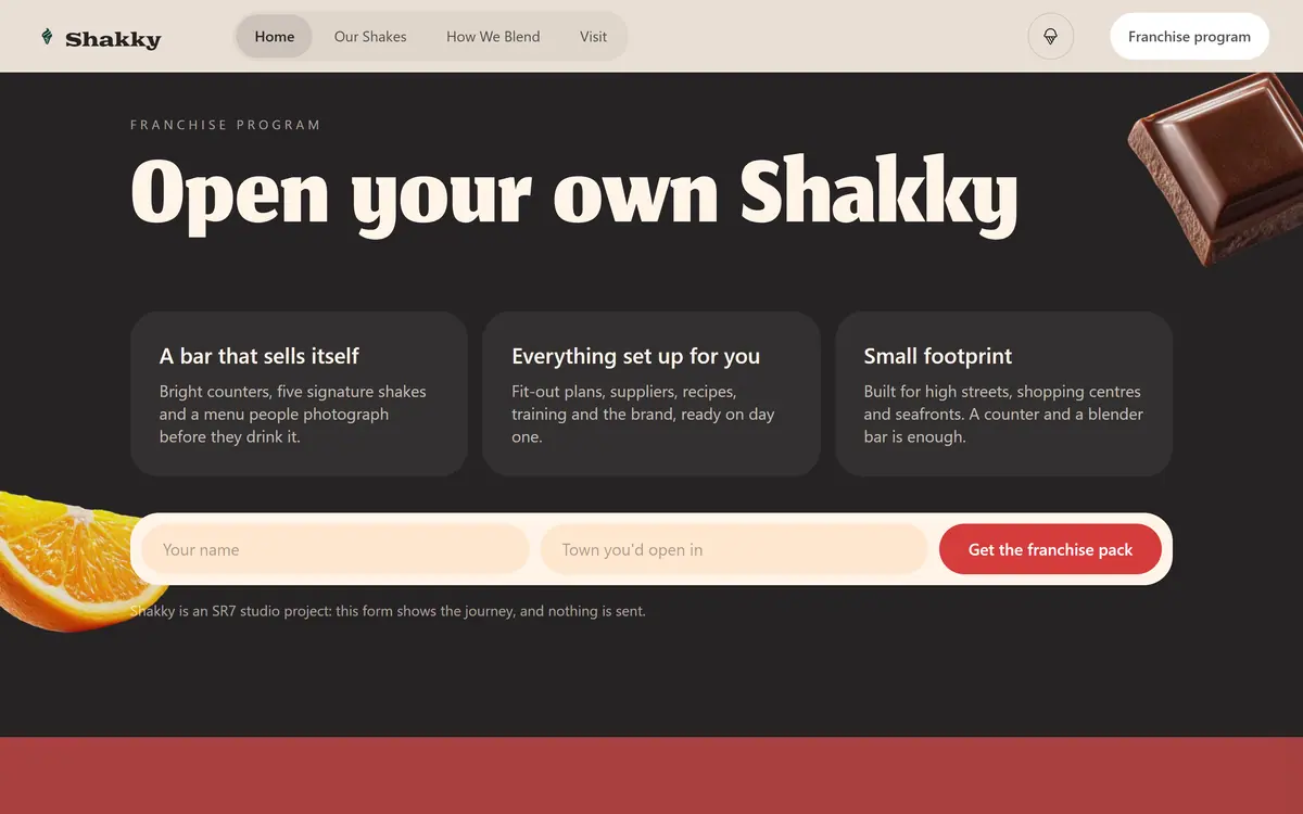 The Shakky franchise programme on a dark background: the heading Open your own Shakky, three short points and an enquiry form for a name and a town