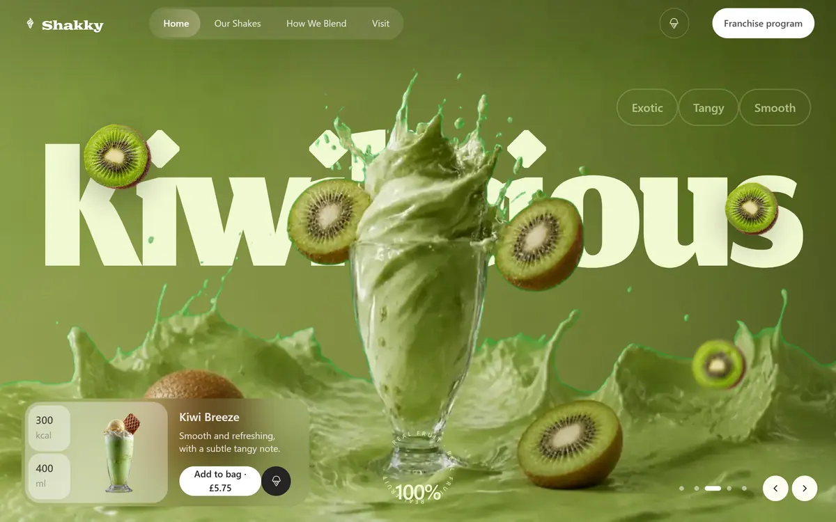 The Kiwi Breeze flavour at rest: a green shake on a green plate with kiwi slices and the word Kiwilicious behind the glass