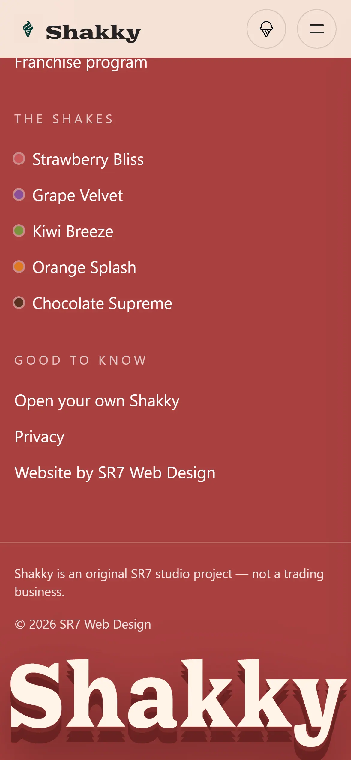 The Shakky footer on a phone, with the shakes and Good to know links, the studio project line and the Shakky wordmark