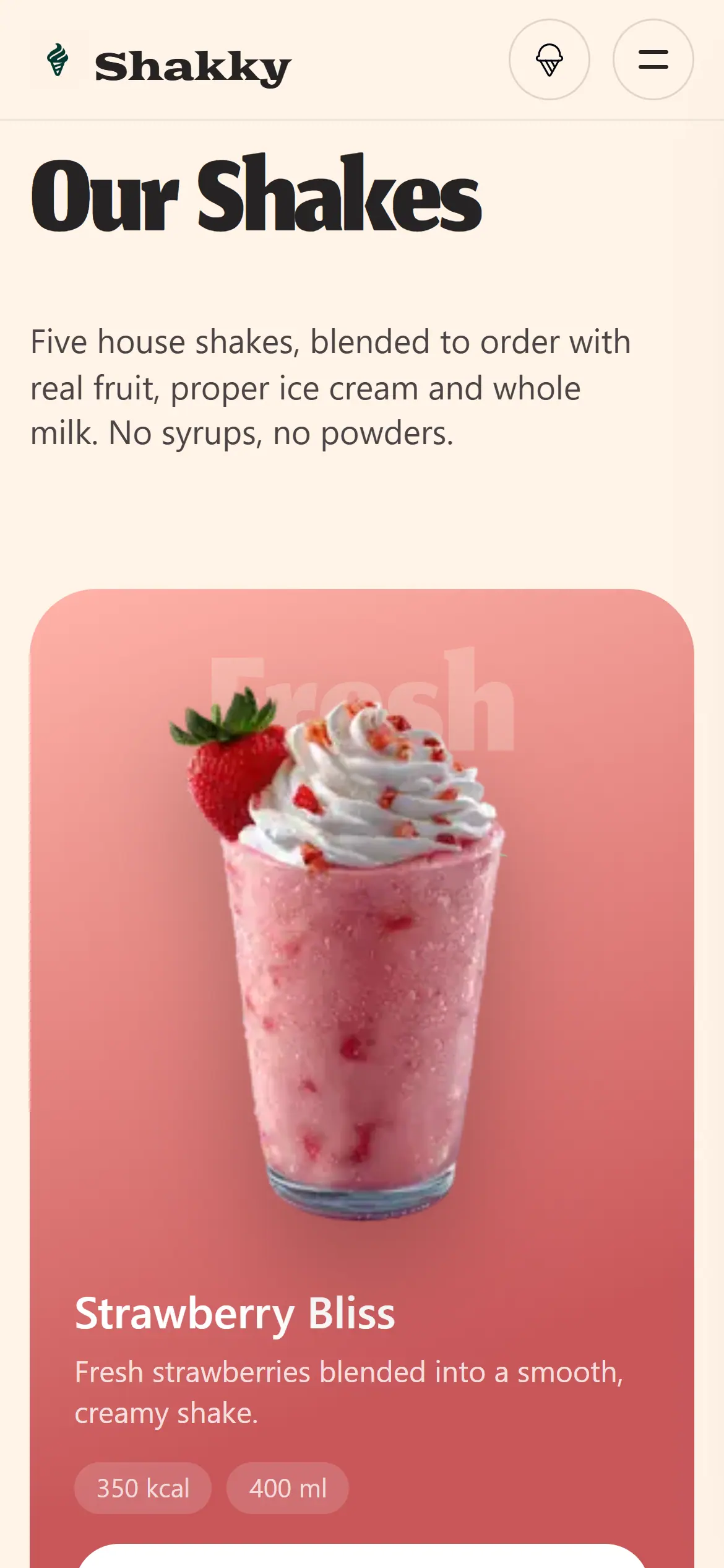 The Shakky menu on a phone, with the heading Our Shakes and the first card, Strawberry Bliss