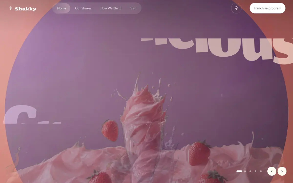 Mid-pour between Strawberry Bliss and Grape Velvet: a purple circle spreading out from the glass over the pink plate, the strawberry word lifting away and the fruit flying off the edges