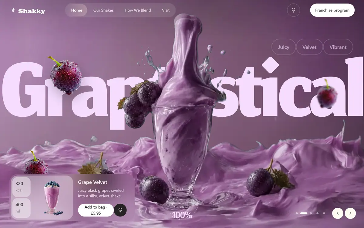 Grape Velvet mid-scroll: the purple shake surging up out of the glass and a wave of purple liquid breaking across the bottom of the screen