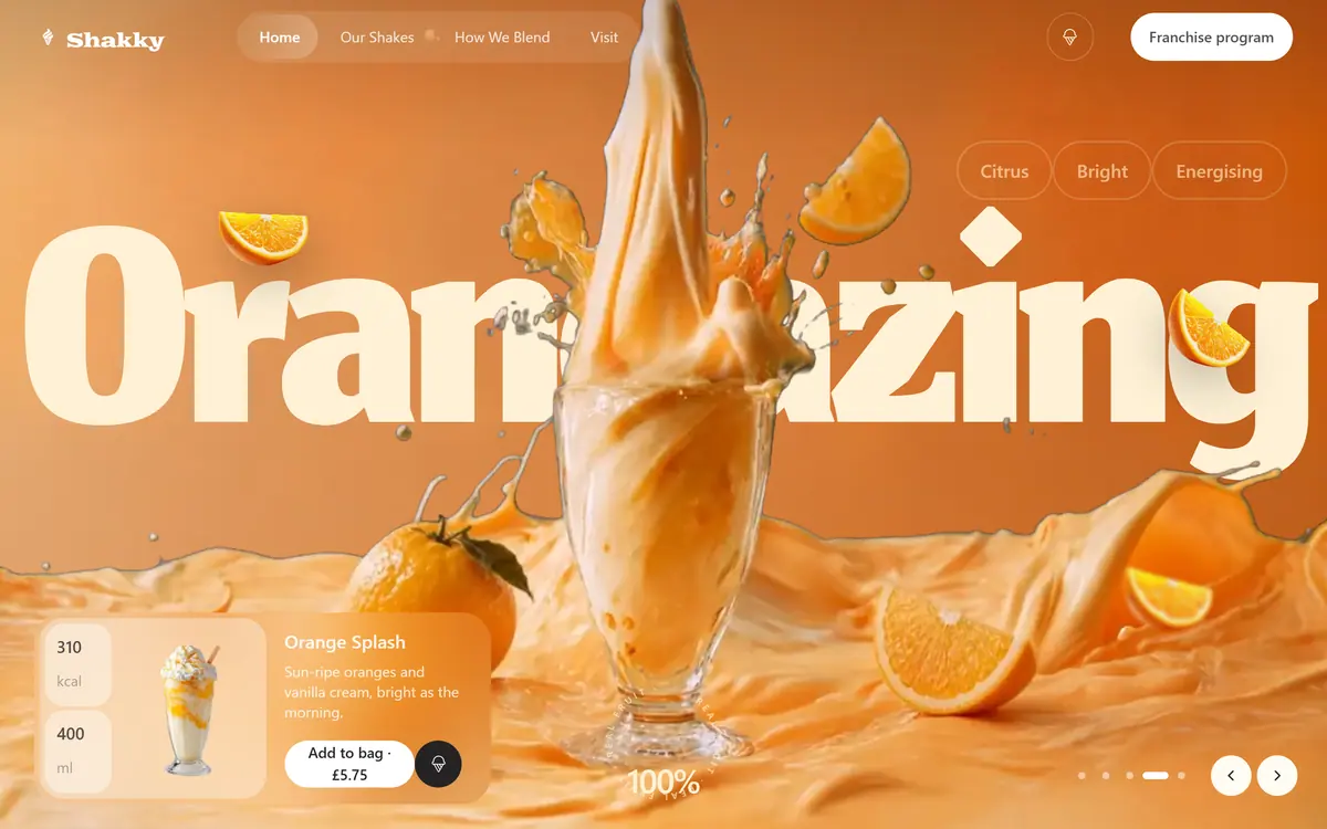 Orange Splash mid-scroll: the orange shake swirling above the glass with oranges flying and waves splashing in the pool below
