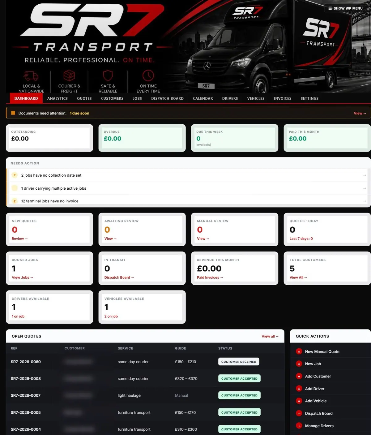 The SR7 Transport Operations dashboard: invoice totals, jobs needing action, quote and job counts, drivers and vehicles available, open quotes and quick actions