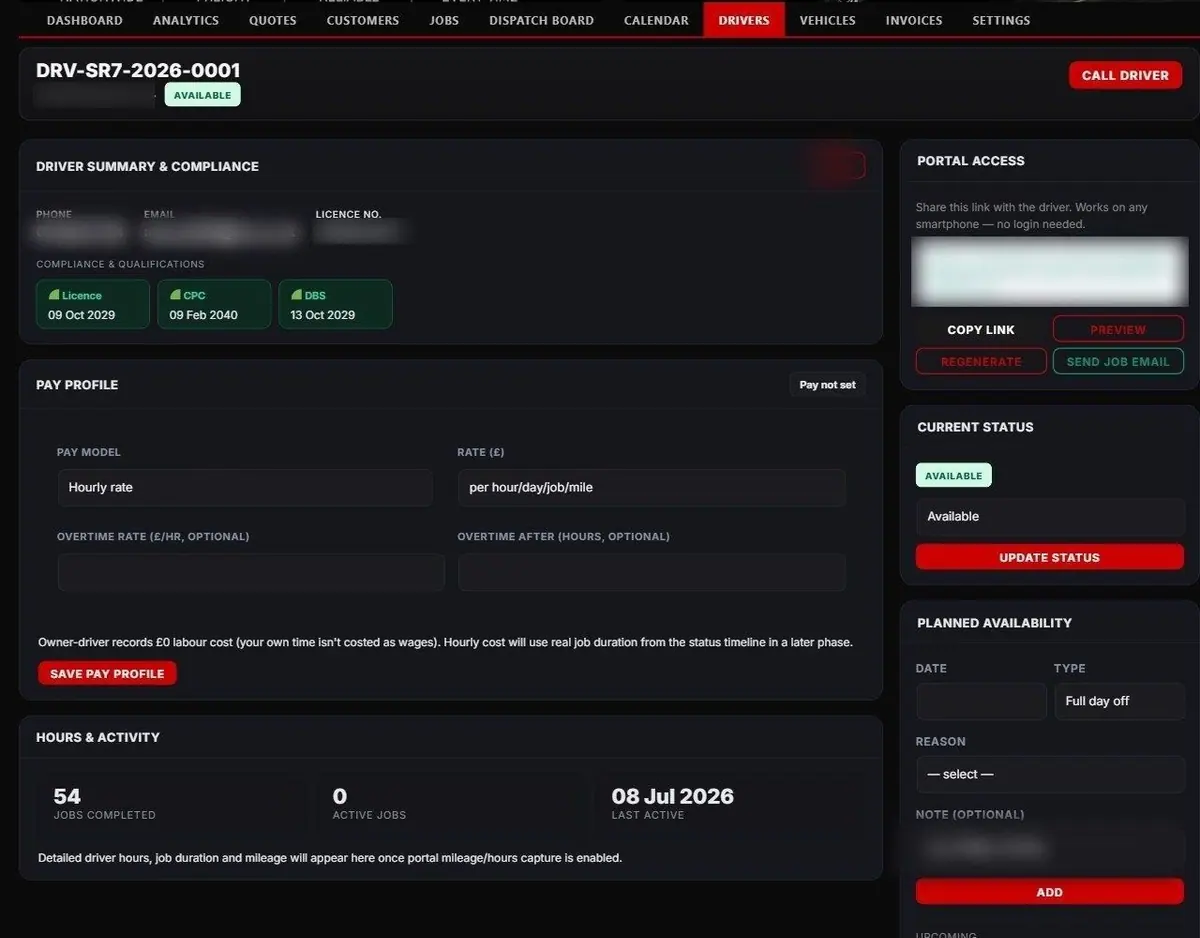 A driver record with licence, CPC and DBS expiry dates, pay profile, hours and activity, portal access and availability, with personal details and the private portal link blurred