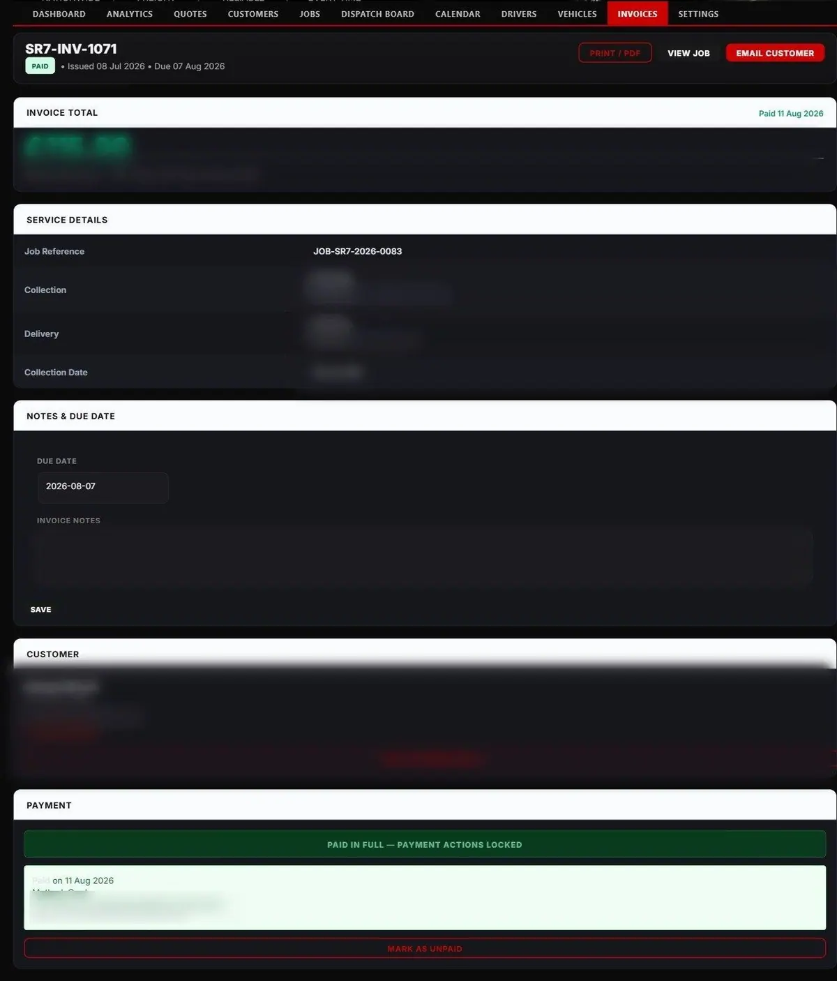 One invoice, paid in full by card, with the service details and customer blurred