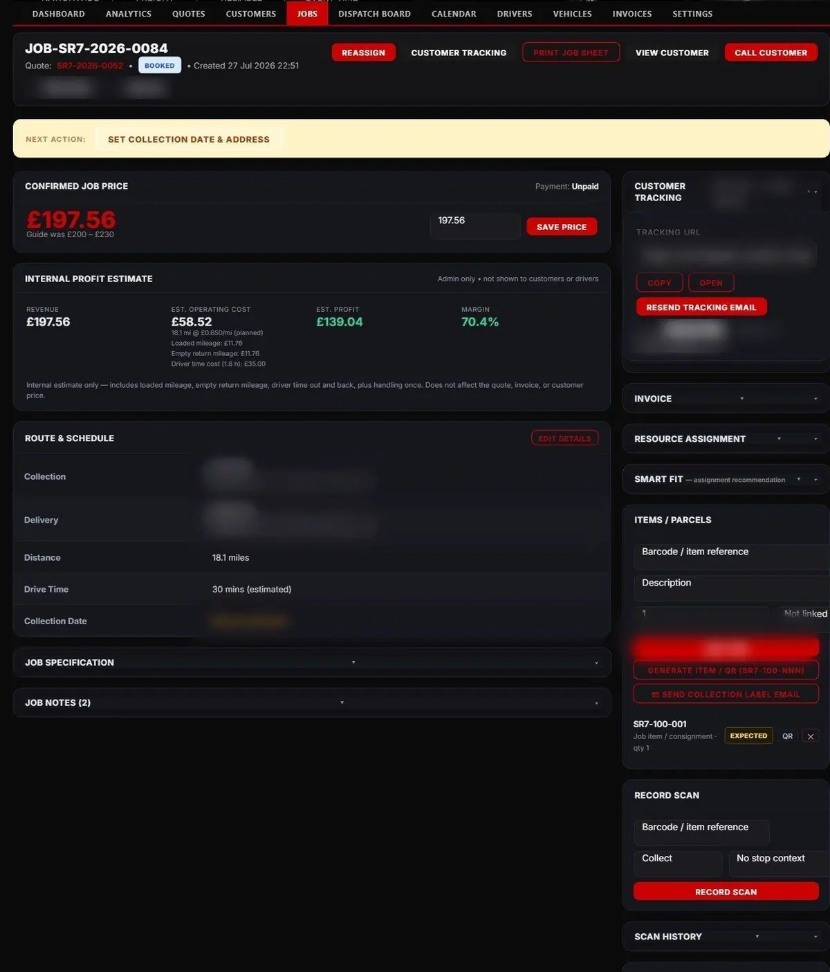 An SR7 Transport job page: the confirmed job price, an internal profit estimate showing revenue, operating cost, profit and margin, the route and schedule, items with QR codes, scan history and multi-drop stops