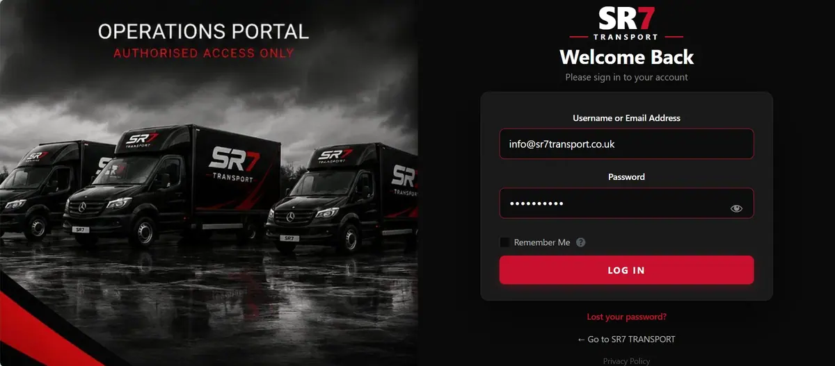 The SR7 Transport Operations Portal sign-in screen, with a fleet of branded SR7 vans on the left and the sign-in form on the right