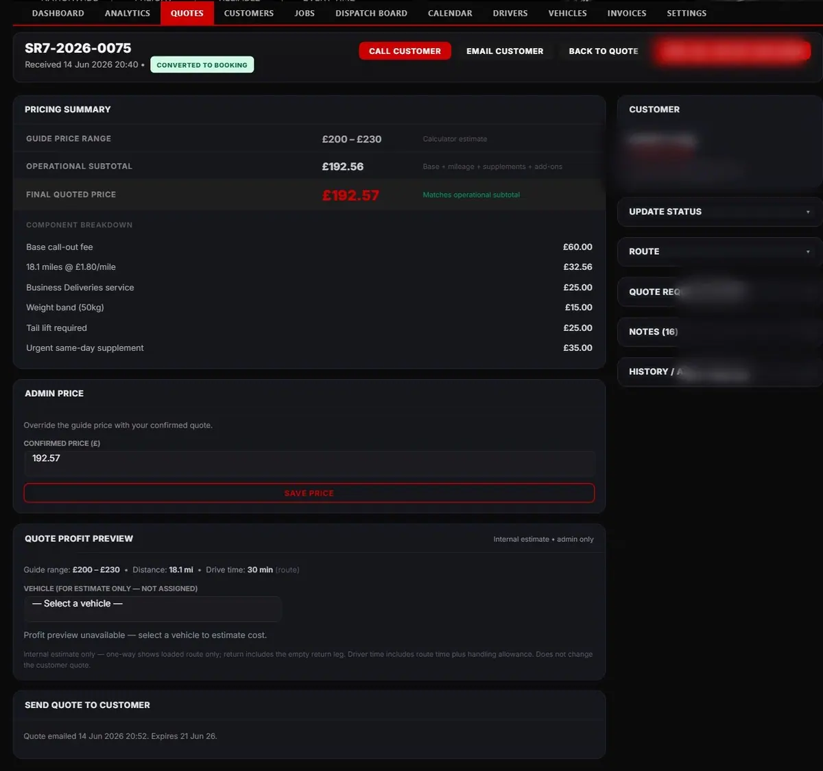An SR7 Transport quote: guide price range, operational subtotal and final quoted price, with each line of the price broken down and the customer details blurred