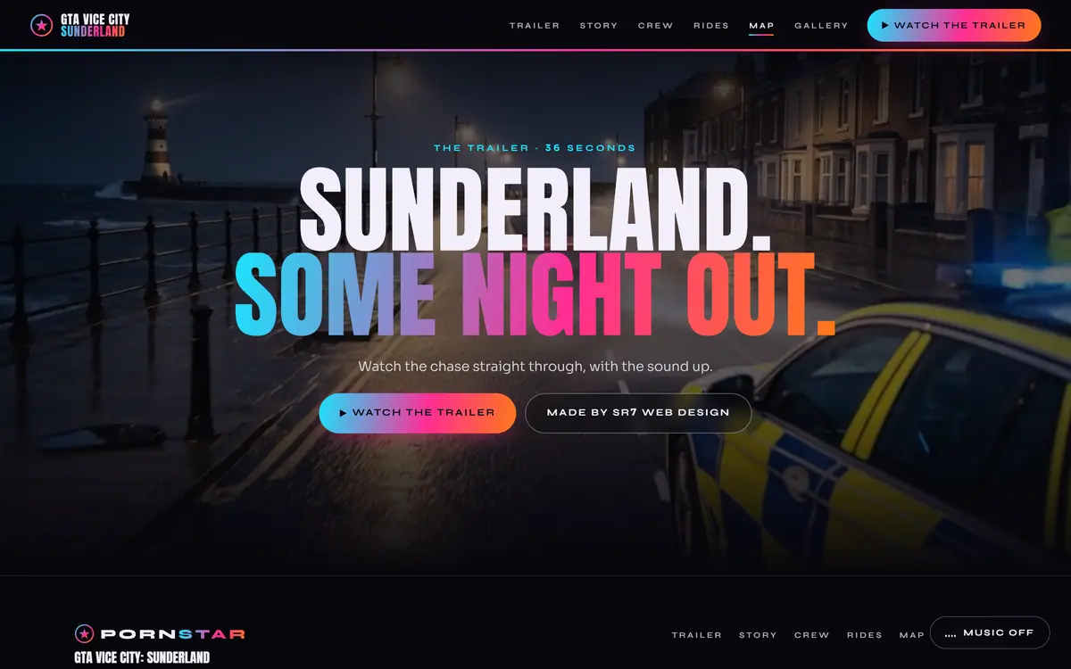 The closing section: Sunderland. Some night out. over a looping clip of the Porsche under the searchlight