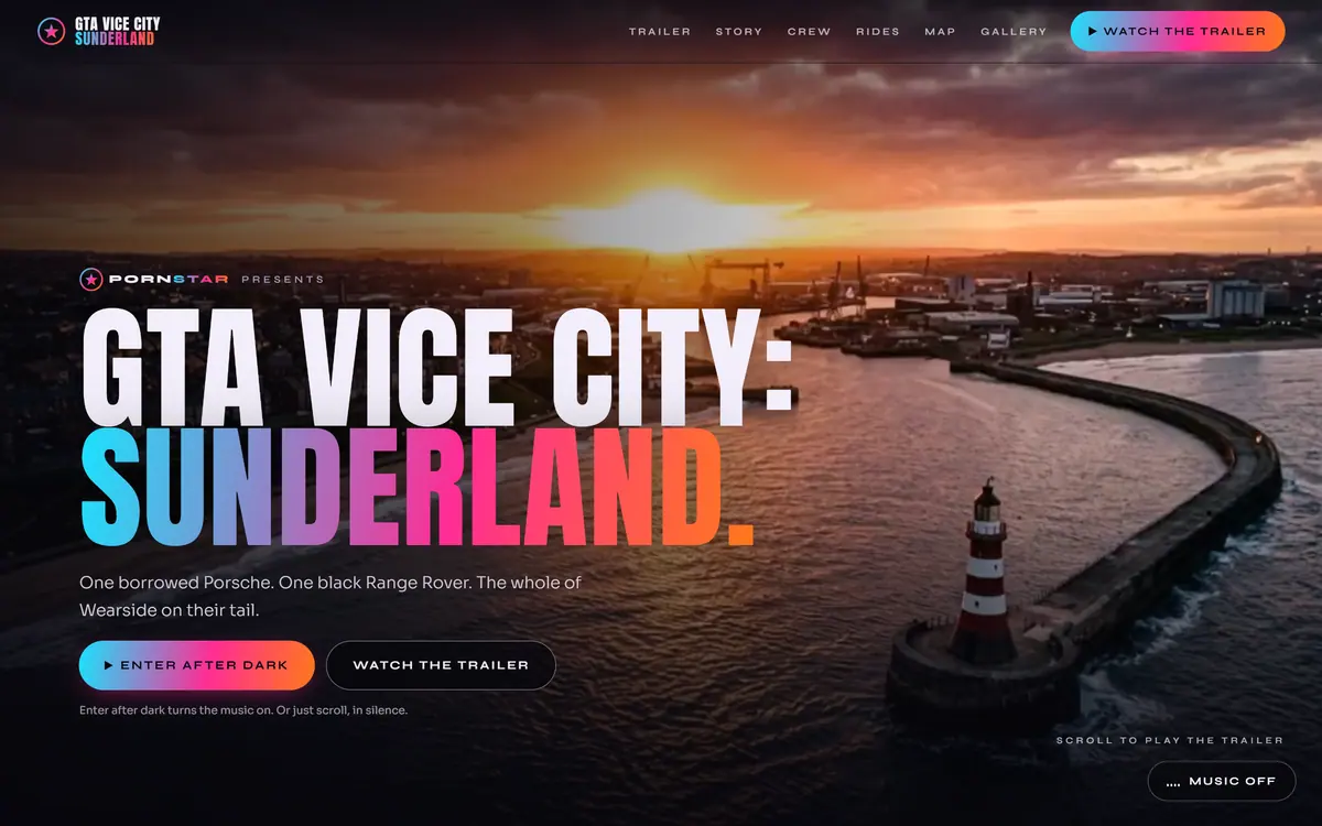 The GTA Vice City: Sunderland homepage on a desktop: the gradient title over the trailer with Enter after dark and Watch the trailer buttons