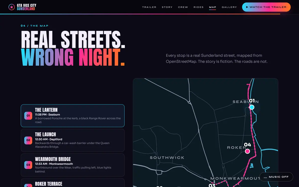 The map section: a list of four stops beside a dark street map of Sunderland with the chase route in pink