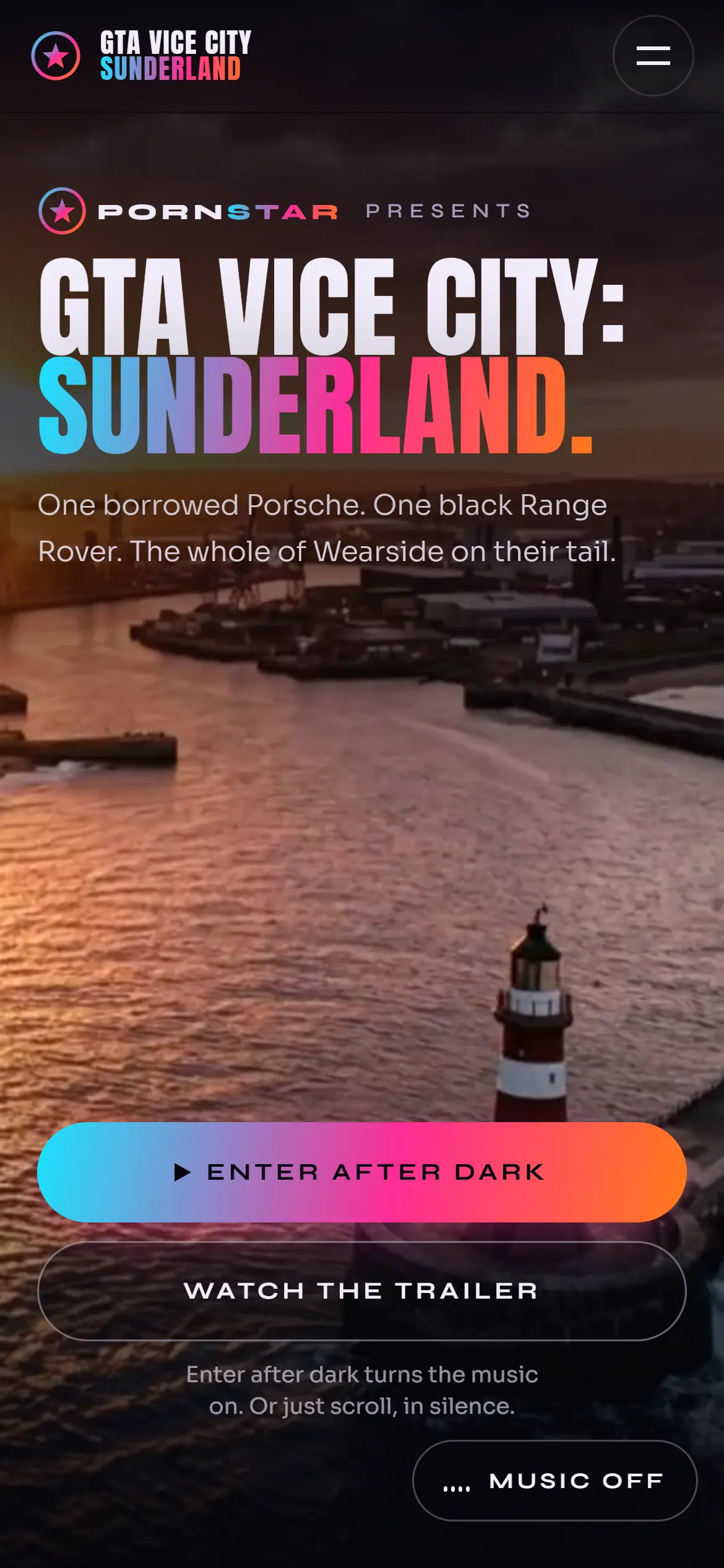 The homepage on a phone: the title over the sunset aerial of Roker lighthouse filling the screen