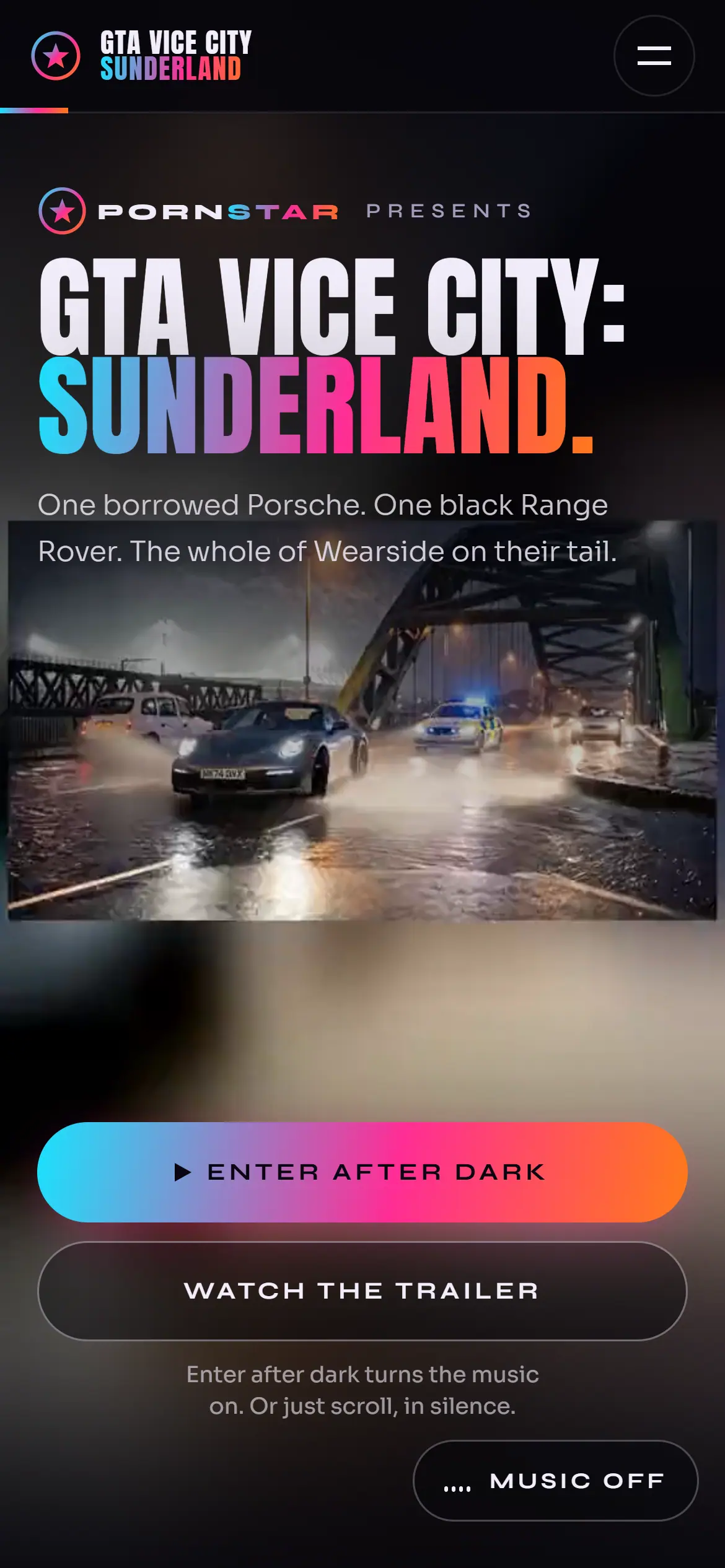 The homepage on a phone mid-scroll: the trailer playing in a band below the title, over a blurred copy of itself
