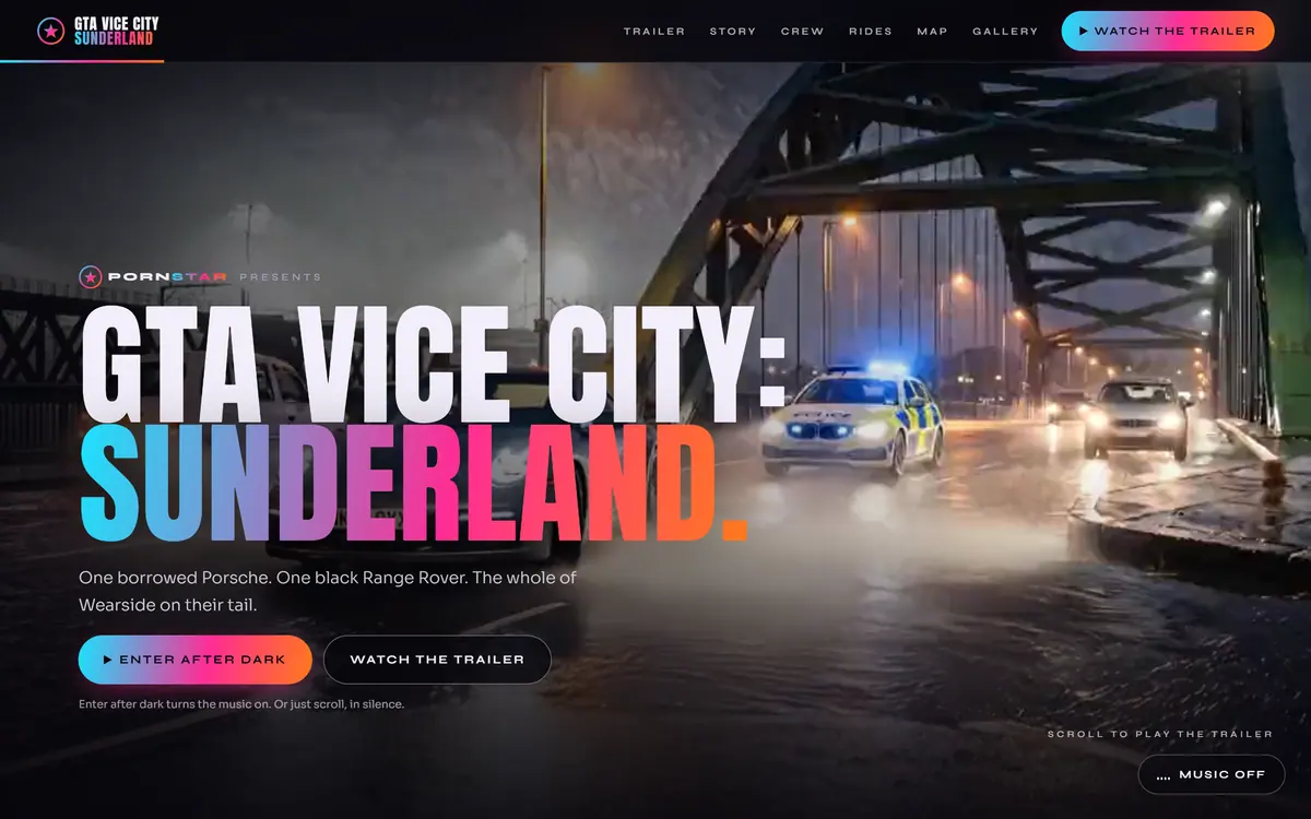 The homepage mid-scroll on a desktop: the trailer at the Wearmouth Bridge behind the title