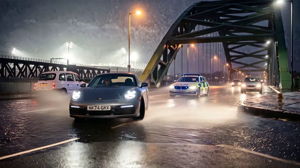 The grey Porsche coming off the Wearmouth Bridge in heavy rain, a police car close behind