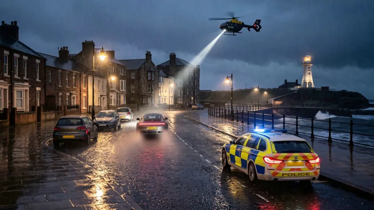 A police helicopter searchlight over Roker Terrace at night, the Porsche ahead of a police car and Roker lighthouse behind