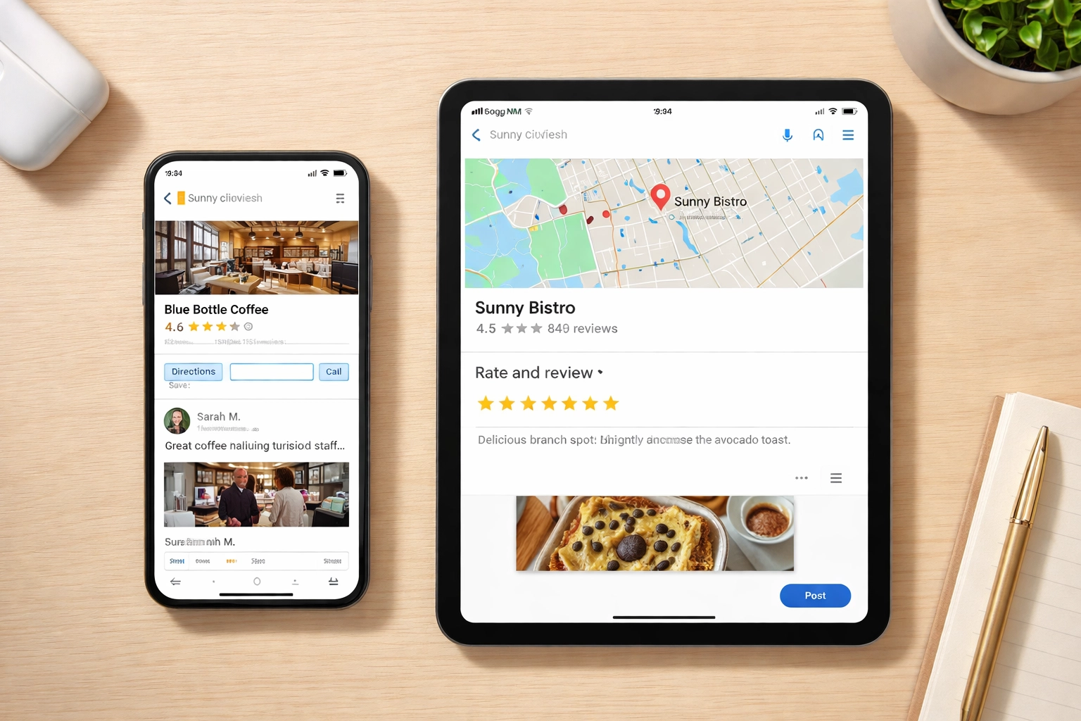 Smartphone and tablet showing Google Maps and review platforms, emphasizing online reputation for SR7 business websites.