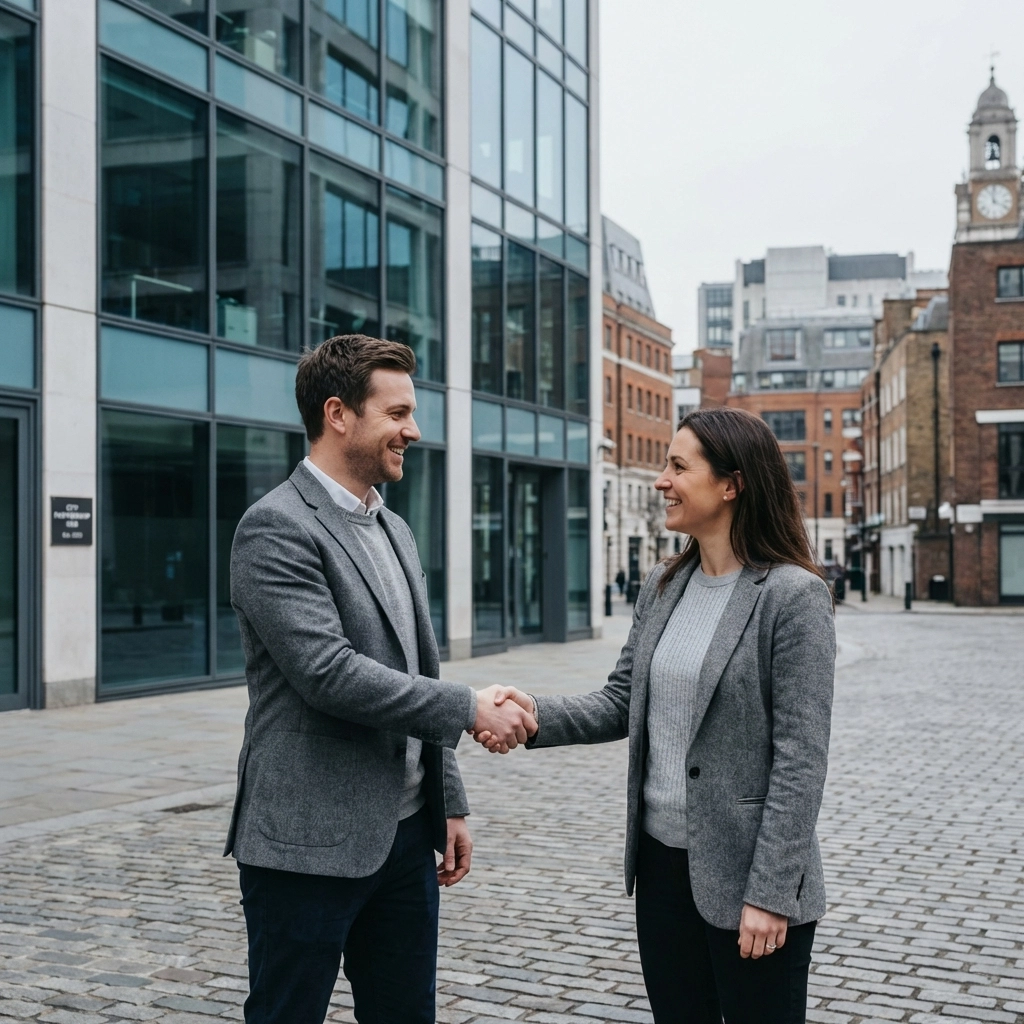 Local business owners shaking hands outside office, symbolizing trusted partnerships in North East England.