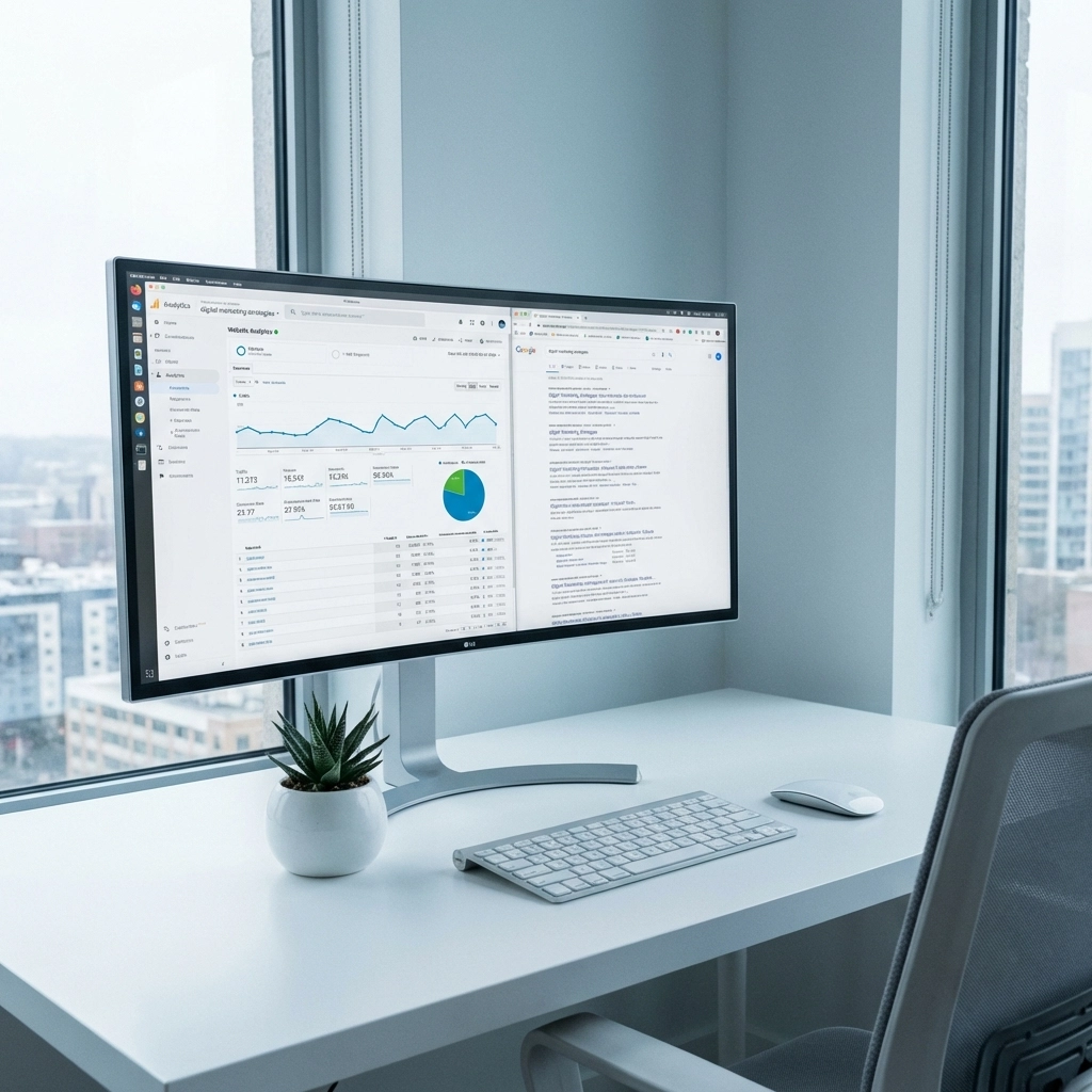 Desktop with website analytics and search results, highlighting North East business website SEO improvements.