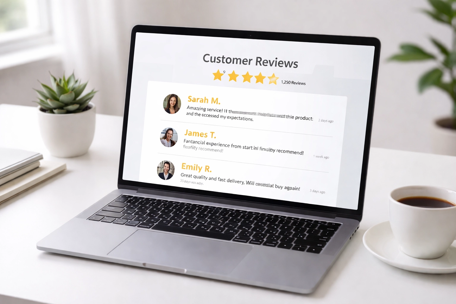 Modern laptop on a desk displaying five-star customer reviews, highlighting trust for North East business websites.