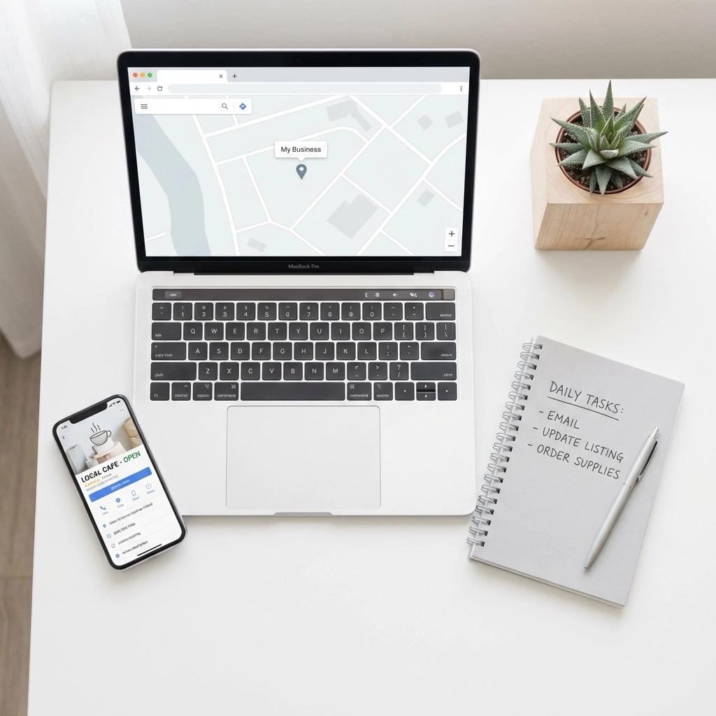 Minimalist desk workspace with laptop and map, highlighting local SEO and consistent business information.