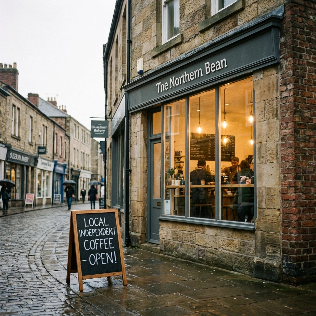 Local coffee shop storefront on a British high street, illustrating community-focused business in North East England.