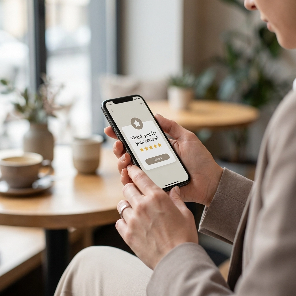 Hands holding a phone showing five-star reviews, emphasizing the impact of positive local customer feedback.