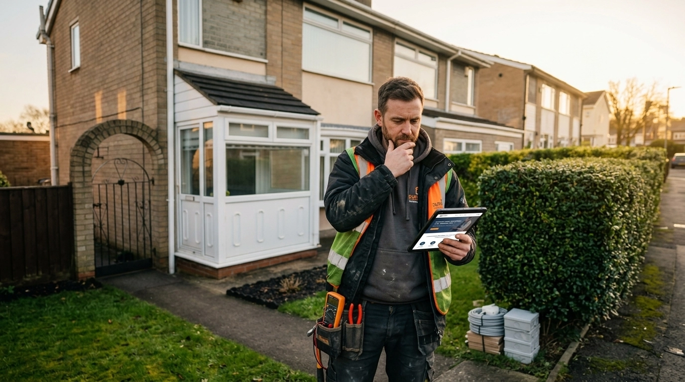 A tradesperson looking at a tablet on a job site, showing a fast-loading business website.