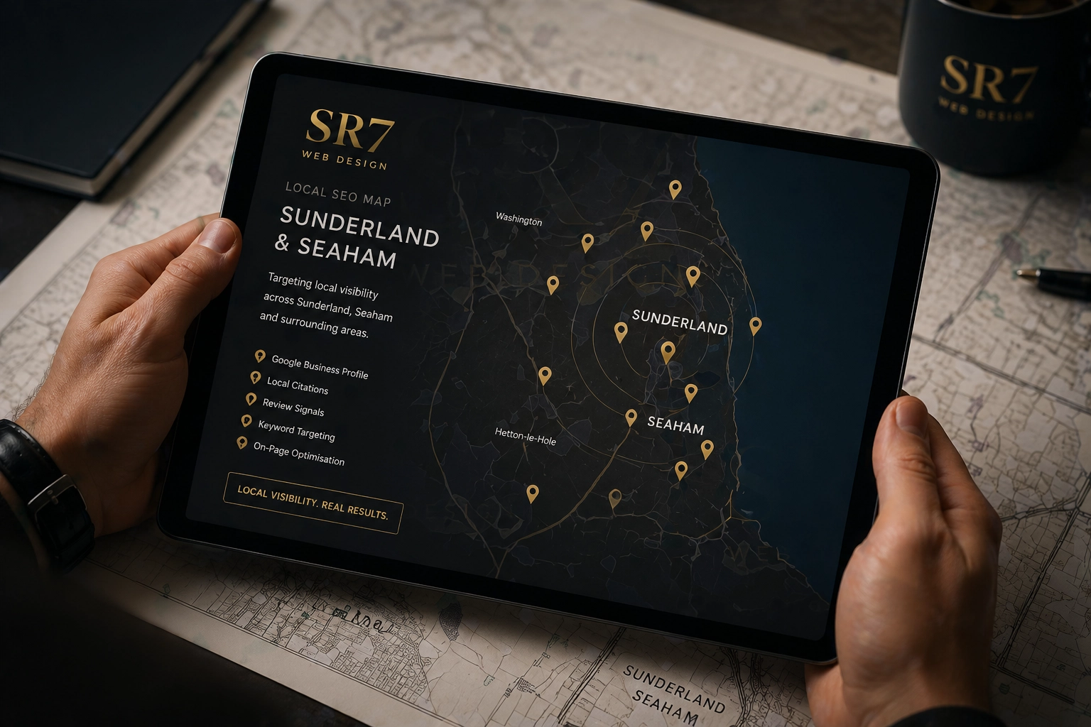 A tablet displaying a detailed local SEO map of Sunderland and Seaham held by professional hands