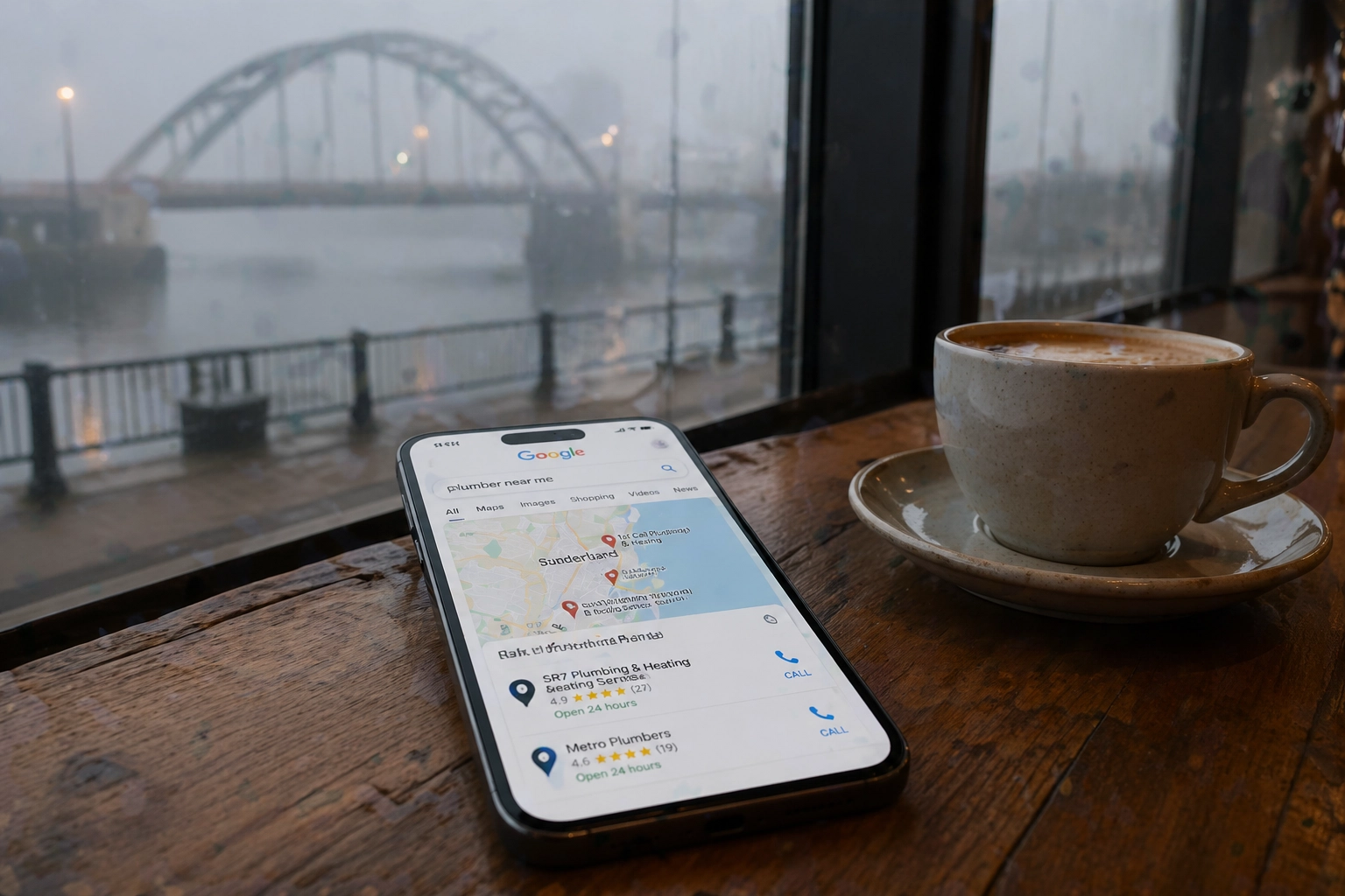 A cinematic, high-quality photograph of a modern smartphone resting on a wooden cafe table showing local search results in Sunderland
