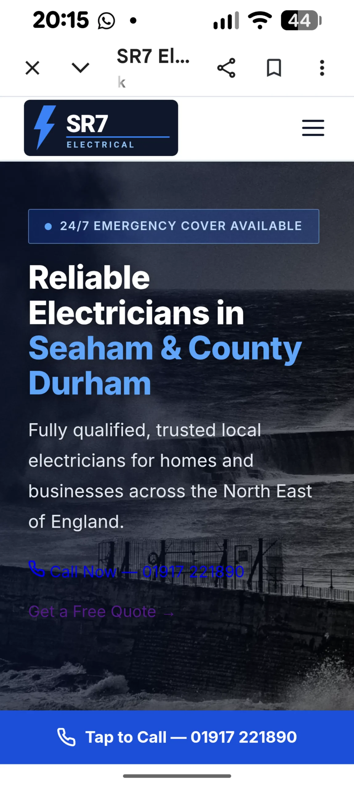 A mobile-optimised website example for an electrician, showing clear buttons and fast loading times.