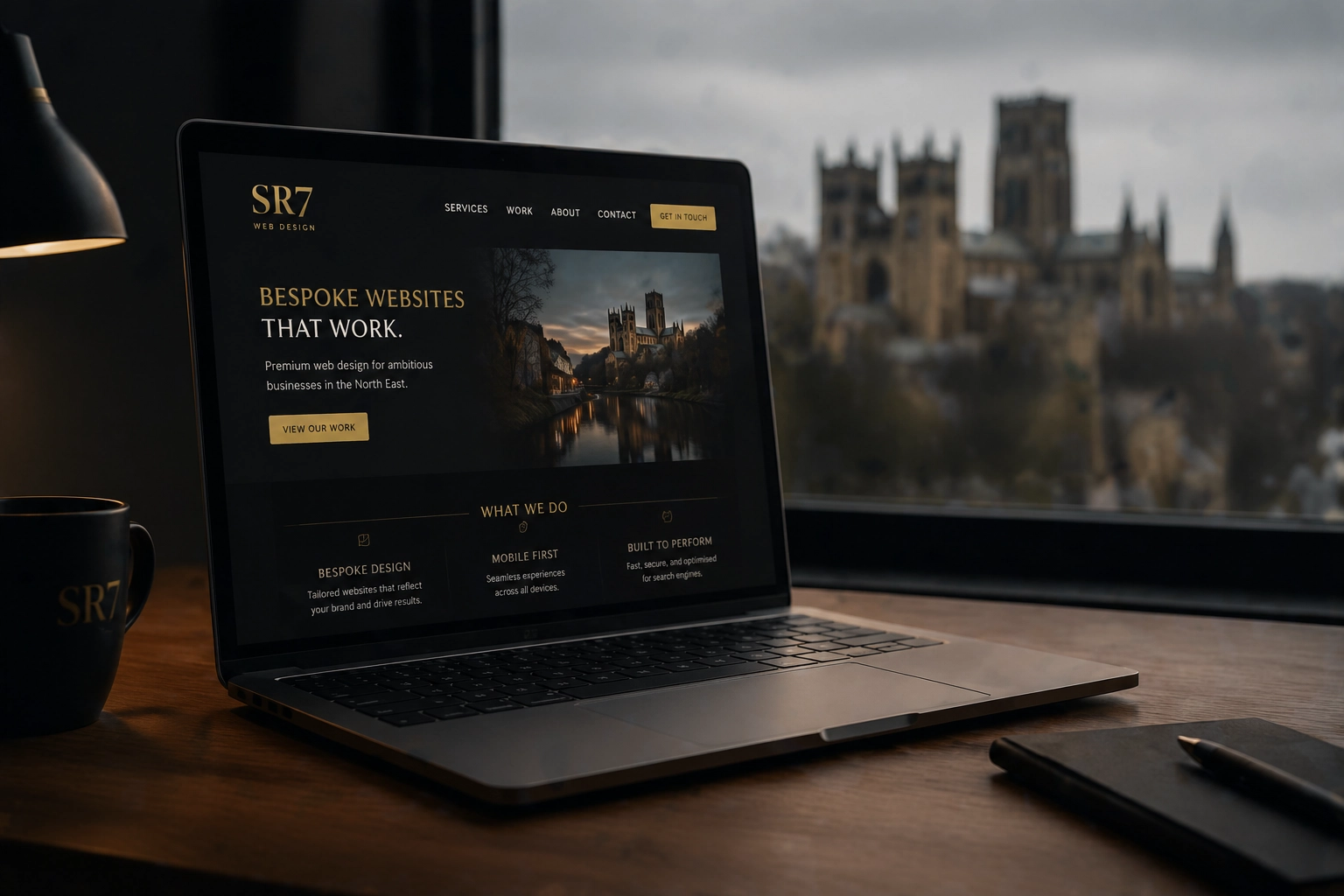 A cinematic moody shot of a professional workspace with a sleek laptop showing a responsive website design with clear calls to action.