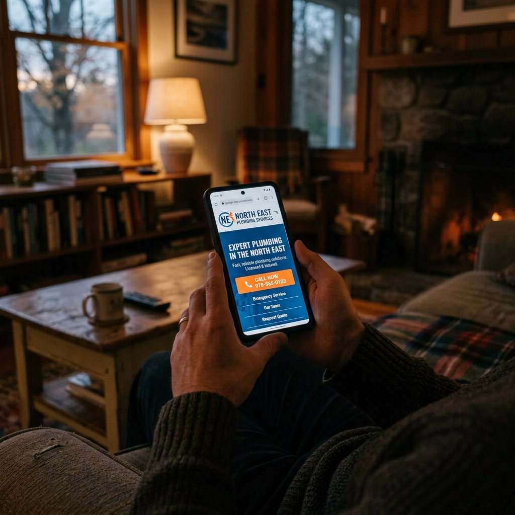 A person holding a smartphone showing a professional trade website with a 'Call Now' button.