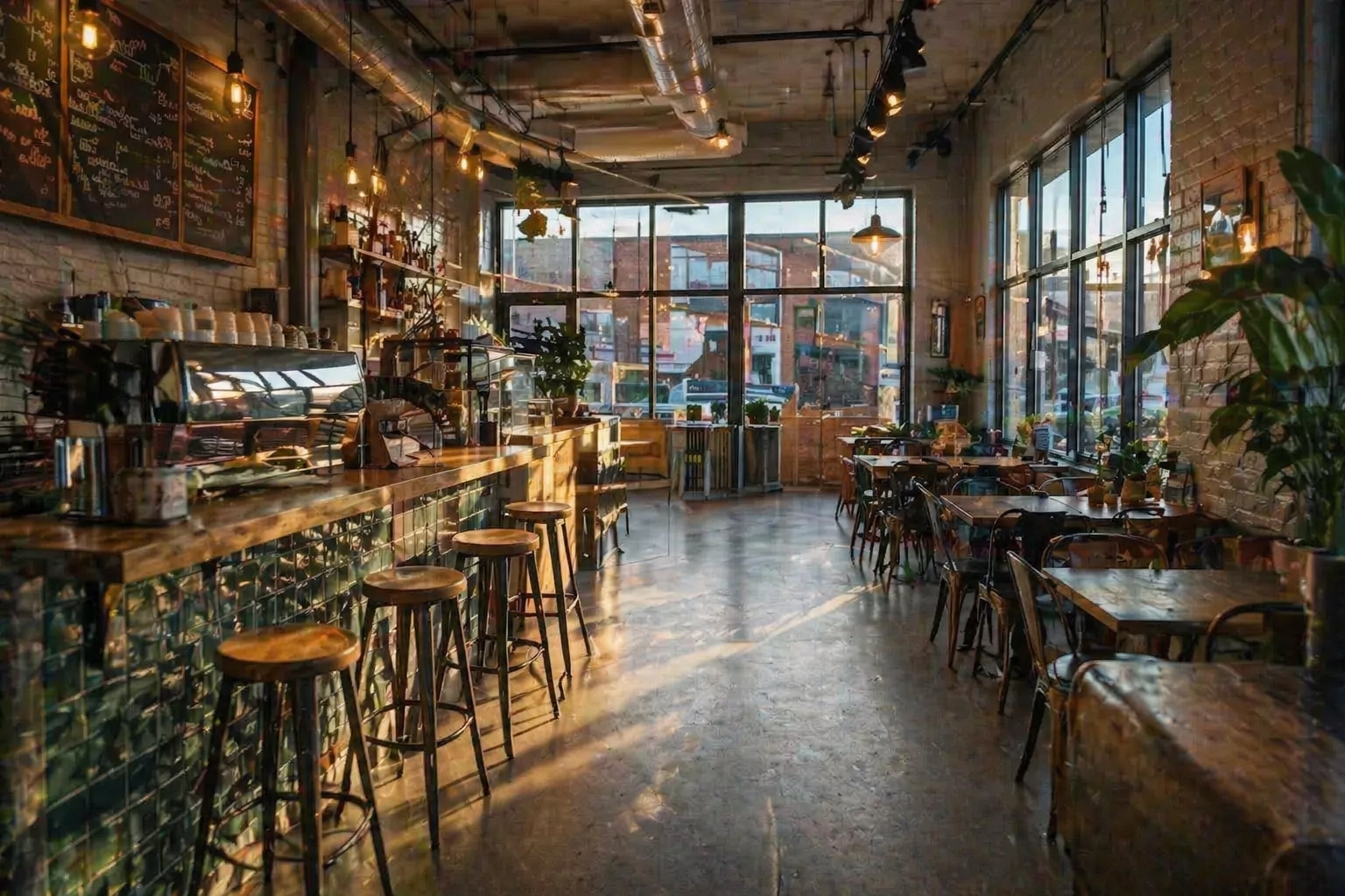 A wide cinematic shot of a modern, stylish cafe interior in Sunderland, representing a thriving, professional local business.