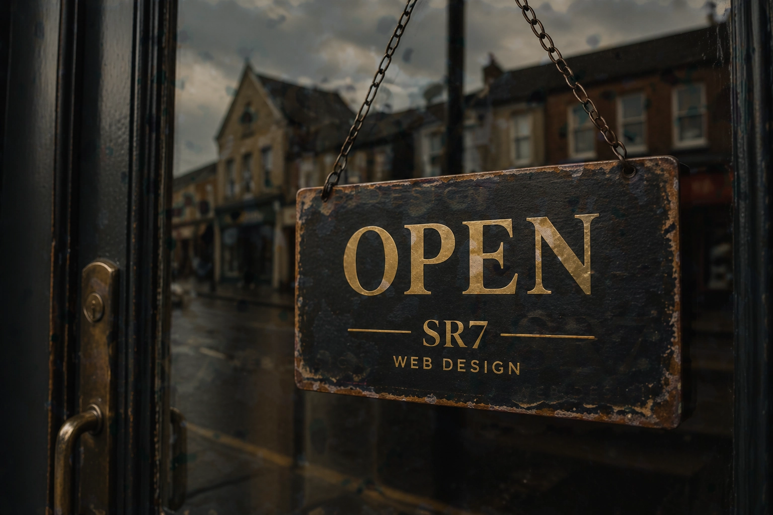 A close-up of an 'Open' sign on a glass door reflecting a street in the North East