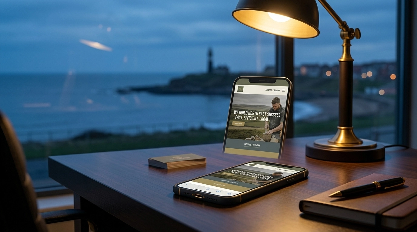A cinematic, professional office setting in Seaham at dusk showing a fast-loading website on a smartphone.