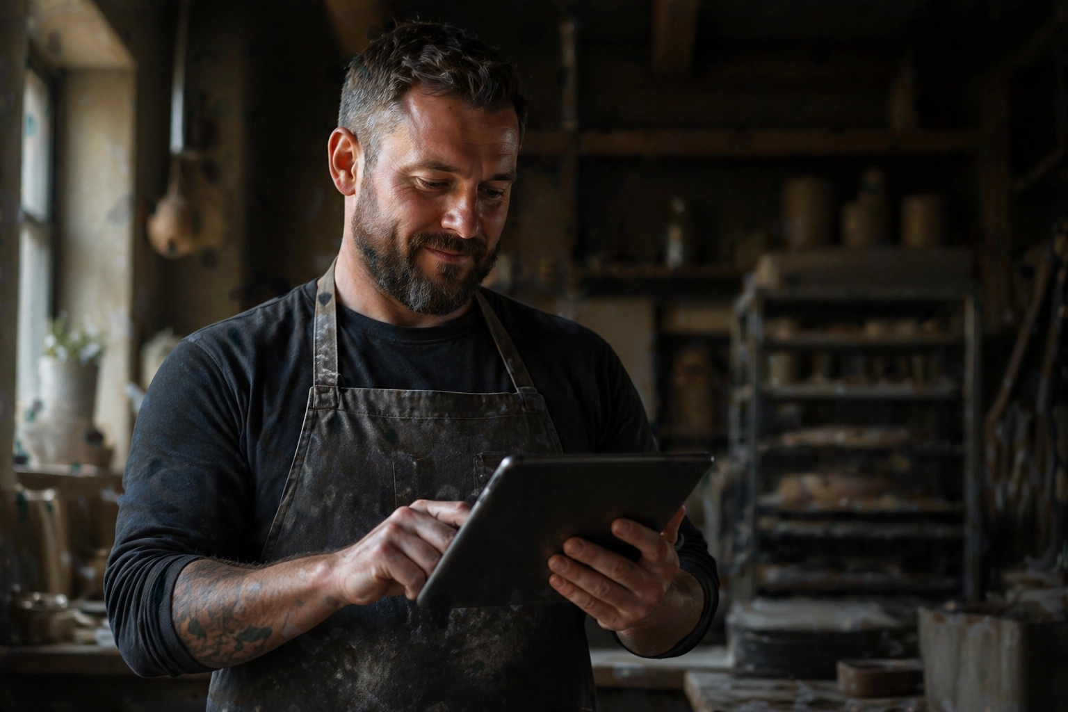 A local business owner in Sunderland looking at a tablet in a warm, professional workspace
