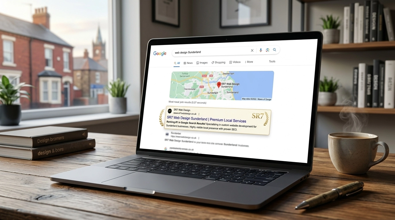 A cinematic close-up of a laptop screen in a Sunderland home office showing a local business ranking #1 on Google.