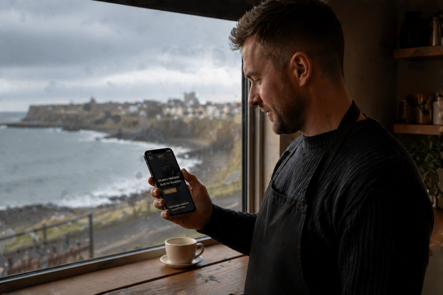 A cinematic photograph of a small business owner in Seaham, looking at a fast professional website on a smartphone by a window overlooking the North Sea coast.