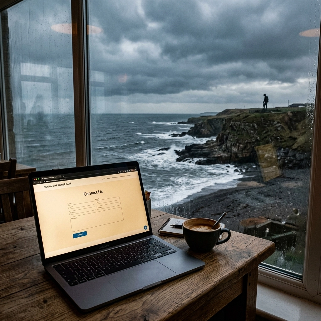 A laptop in a cafe showing a 'Contact Us' form, with the Seaham coastline in the background.