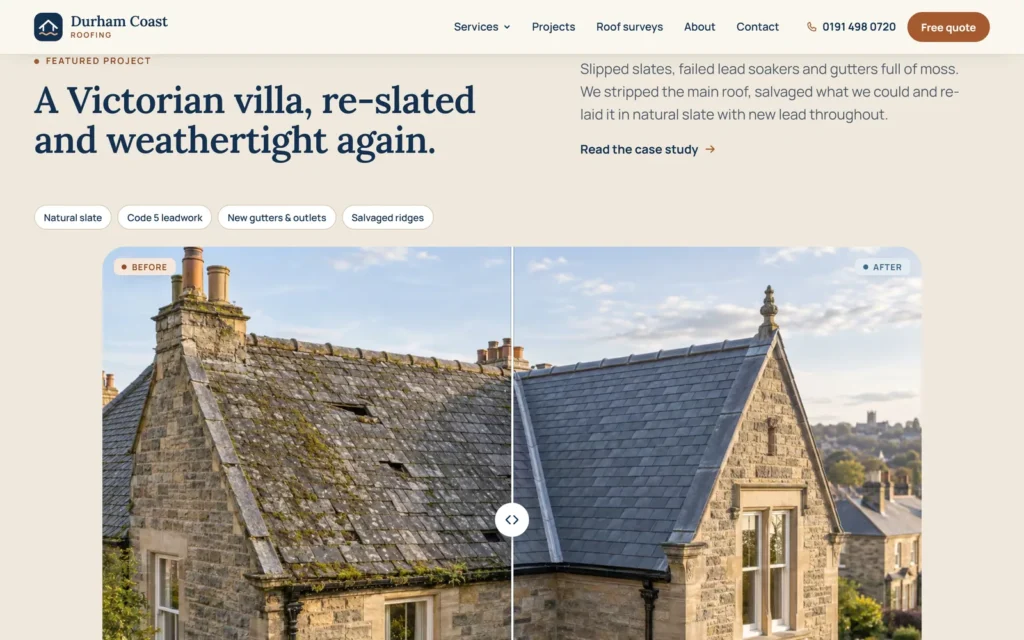 The featured project: A Victorian villa, re-slated and weathertight again., with a drag slider comparing the same roof before and after
